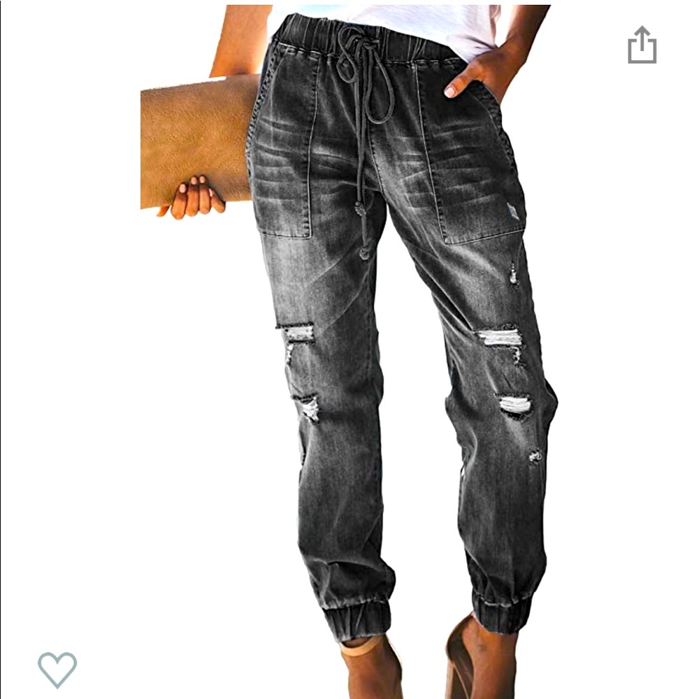 Women Pull-on Distressed Denim Jogger Elastic
Waist Stretch Pant